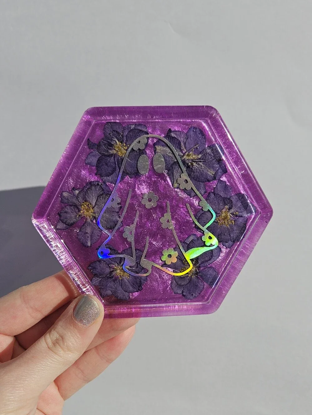 Handmade Purple Hexagon Resin Coaster with Holographic Ghost Design Whimsigoth